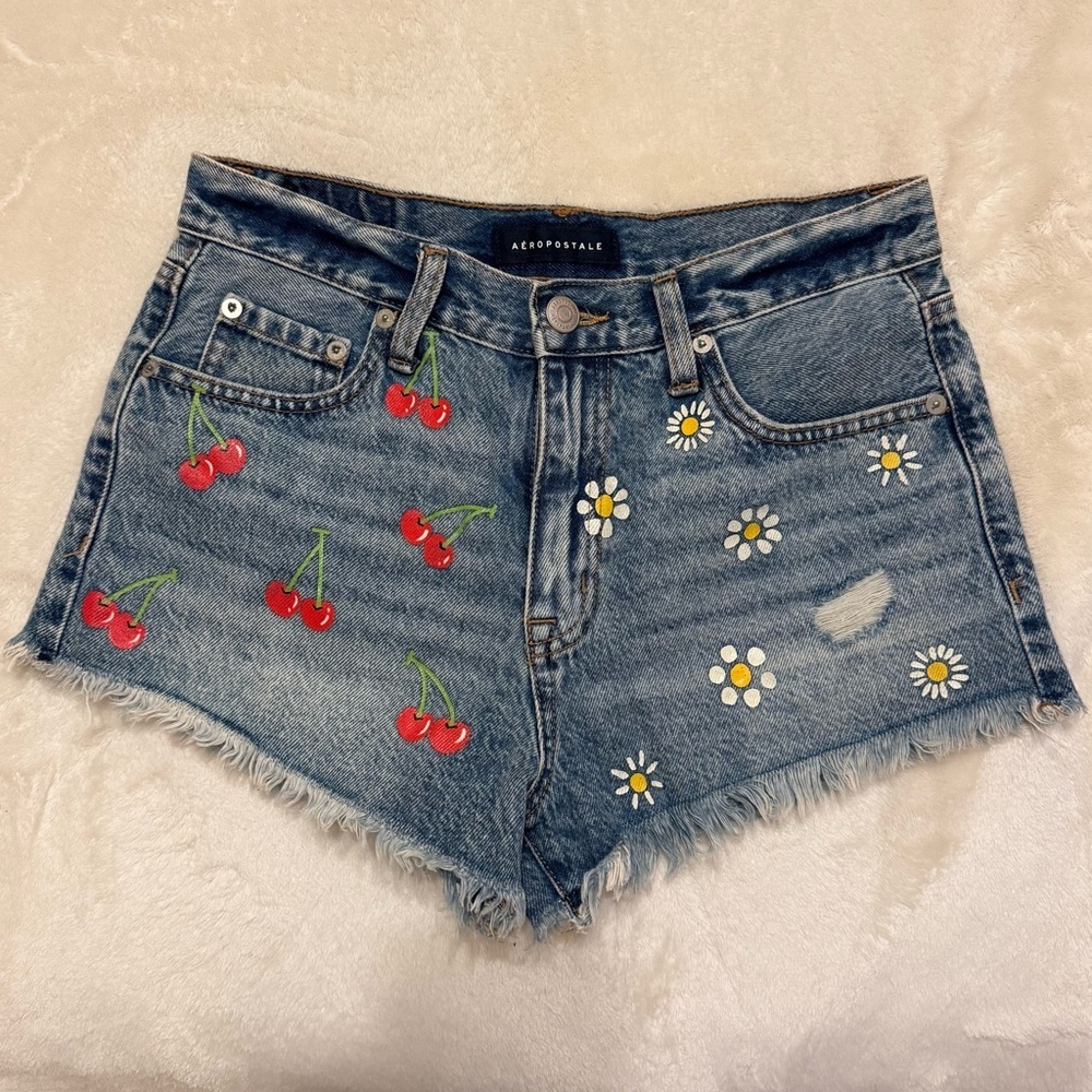 Aeropostale Blue Jean Shorts with Cherry and Daisy Embroidery Size 6